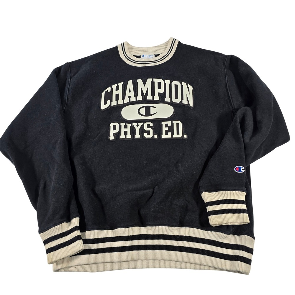 Champion Reverse Weave Phys Ed Sweatshirt Black Cream Striped Large S3358 9YJ‎